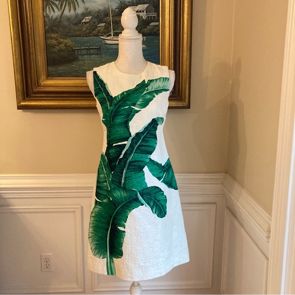 SOLD💕DOLCE & GABANNA White Green Damask Banana Leaf Sleeveless A Line Dress - Picture 13 of 13